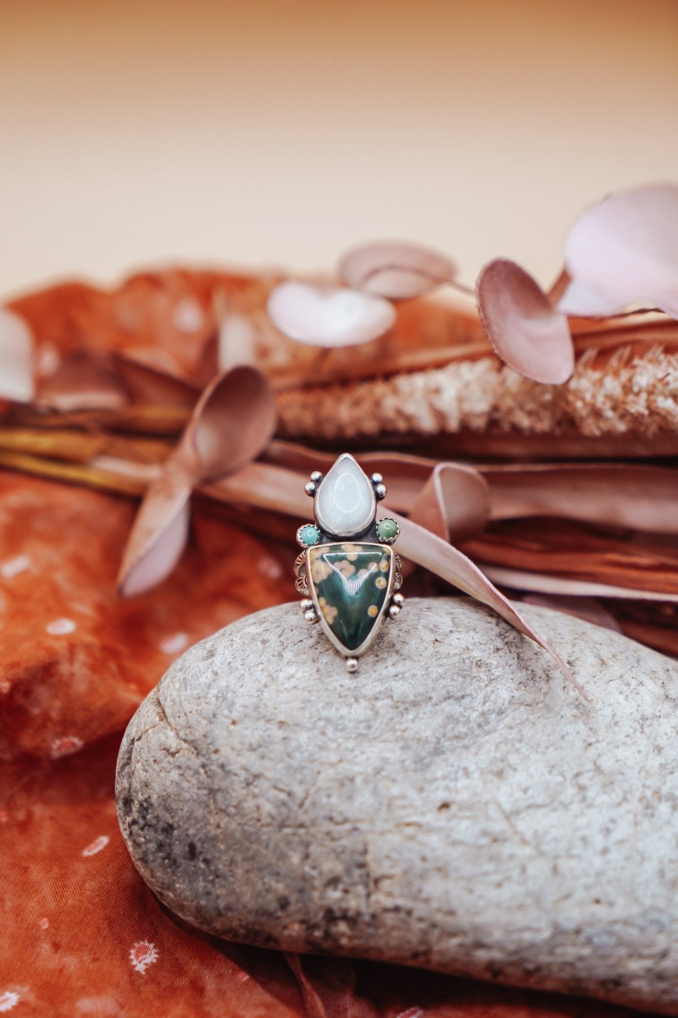 Ocean Jasper, Rainbow Moonstone, & Lone Mtn Turquoise Ring (Size 6.75) - Golden Road Crafted