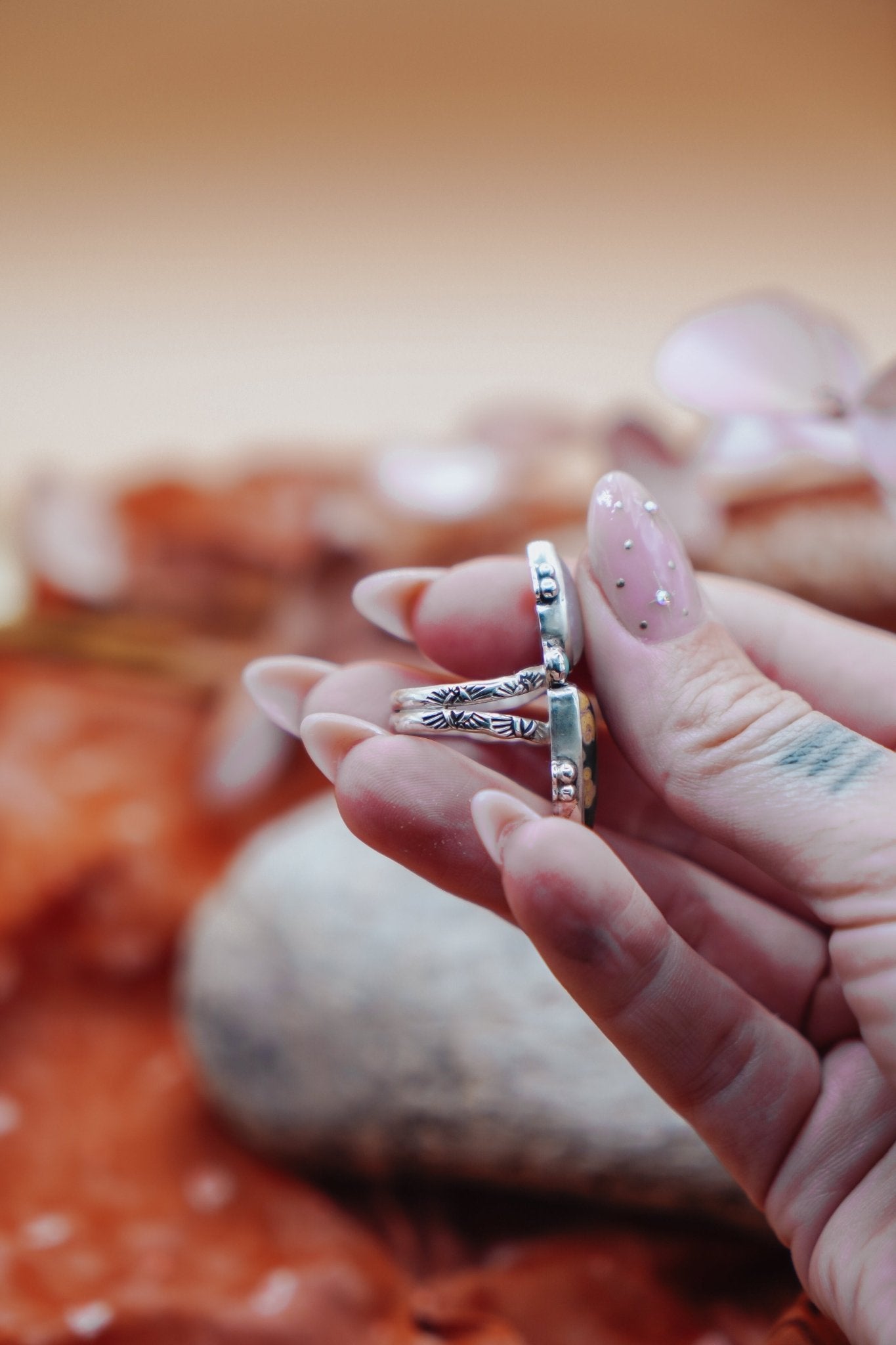 Ocean Jasper, Rainbow Moonstone, & Lone Mtn Turquoise Ring (Size 6.75) - Golden Road Crafted