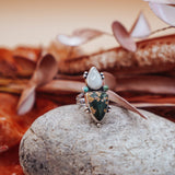 Ocean Jasper, Rainbow Moonstone, & Lone Mtn Turquoise Ring (Size 6.75) - Golden Road Crafted