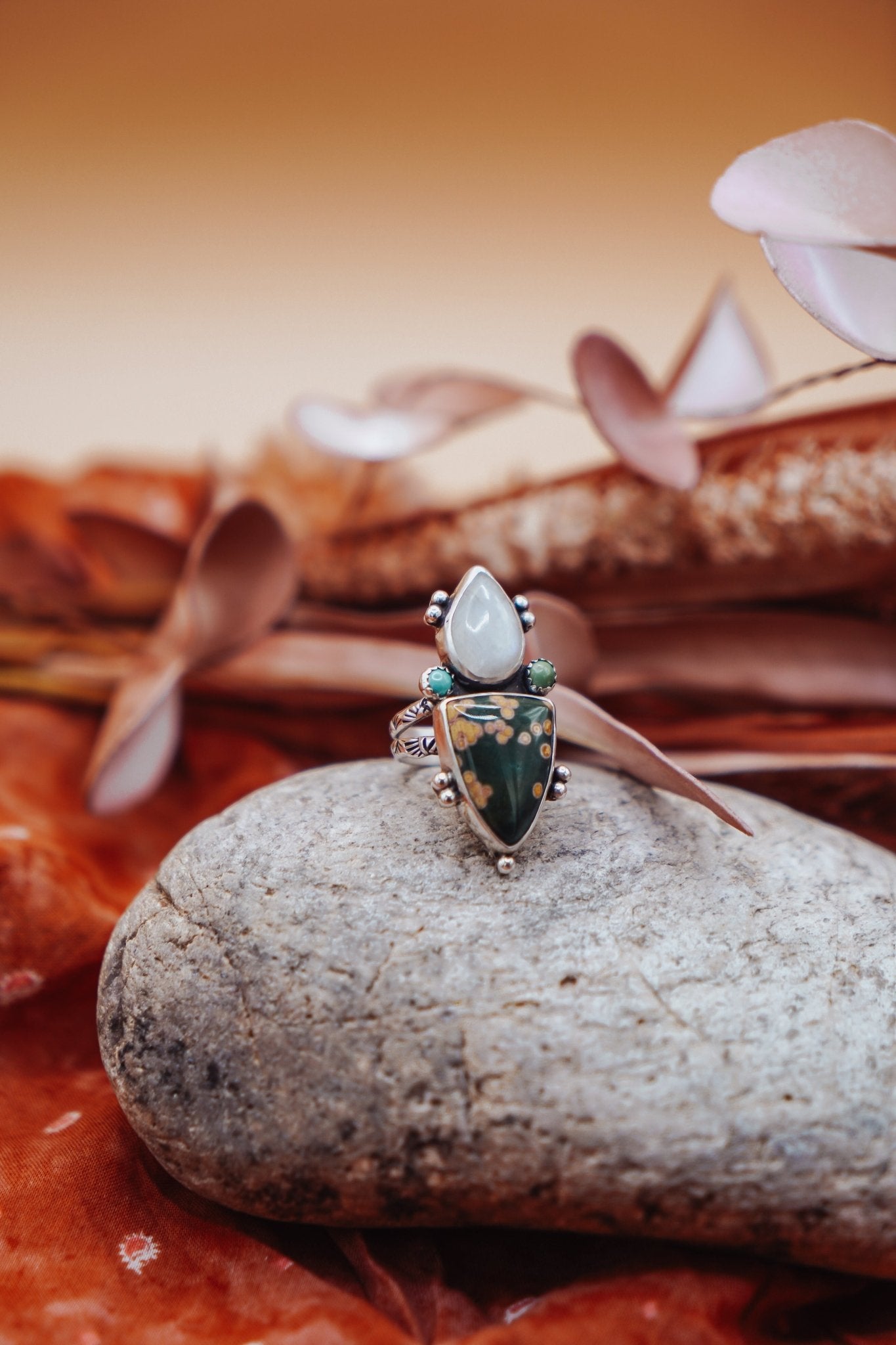 Ocean Jasper, Rainbow Moonstone, & Lone Mtn Turquoise Ring (Size 6.75) - Golden Road Crafted