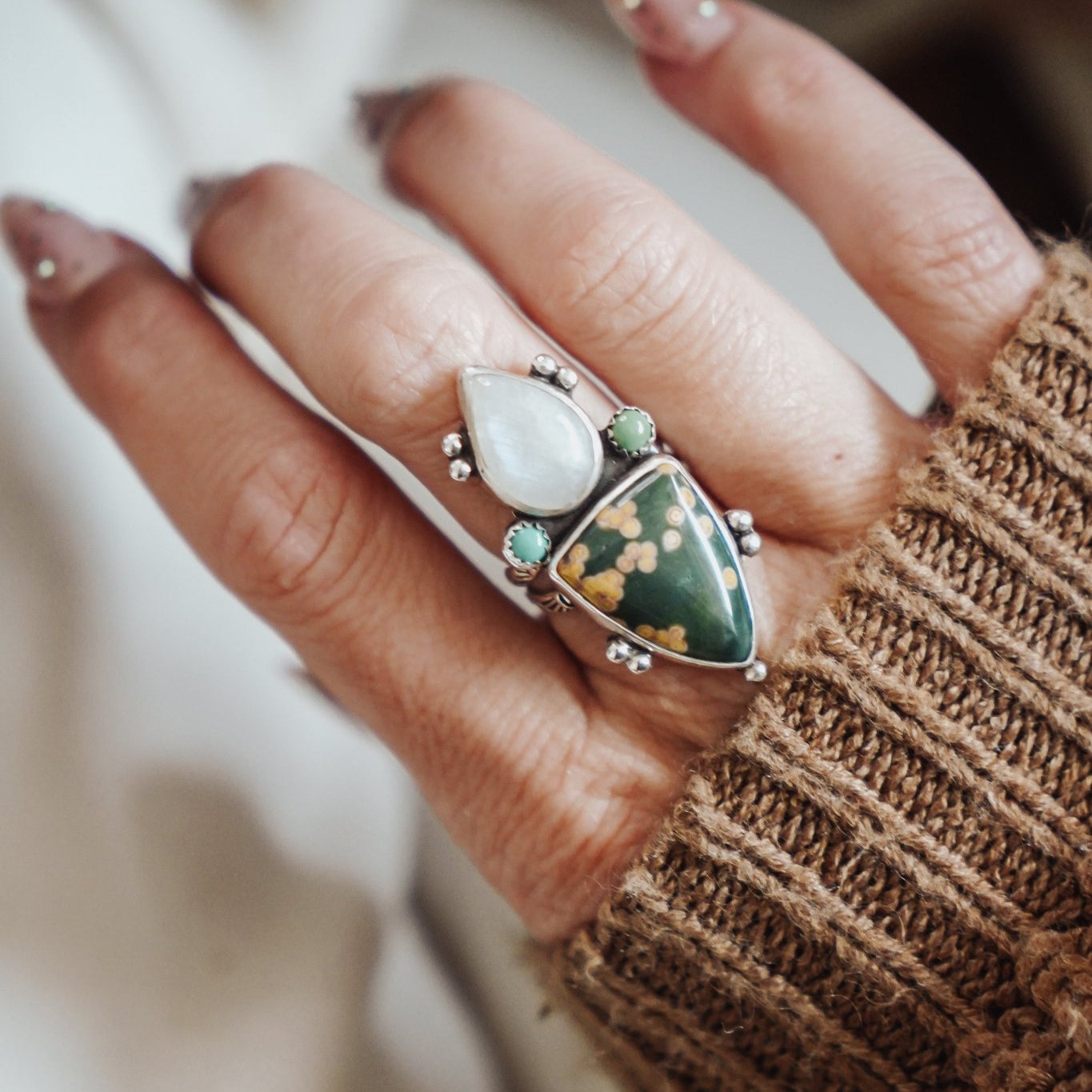 Ocean Jasper, Rainbow Moonstone, & Lone Mtn Turquoise Ring (Size 6.75) - Golden Road Crafted