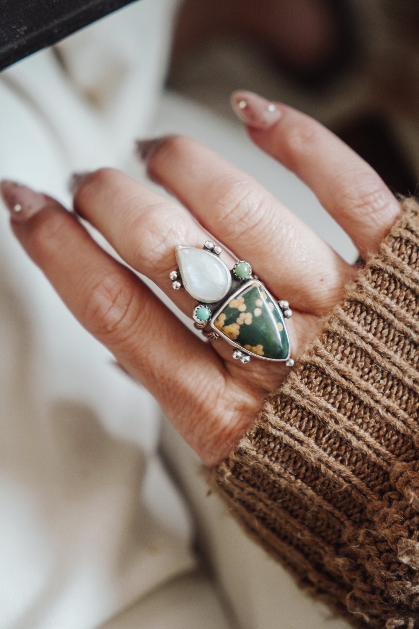 Ocean Jasper, Rainbow Moonstone, & Lone Mtn Turquoise Ring (Size 6.75) - Golden Road Crafted