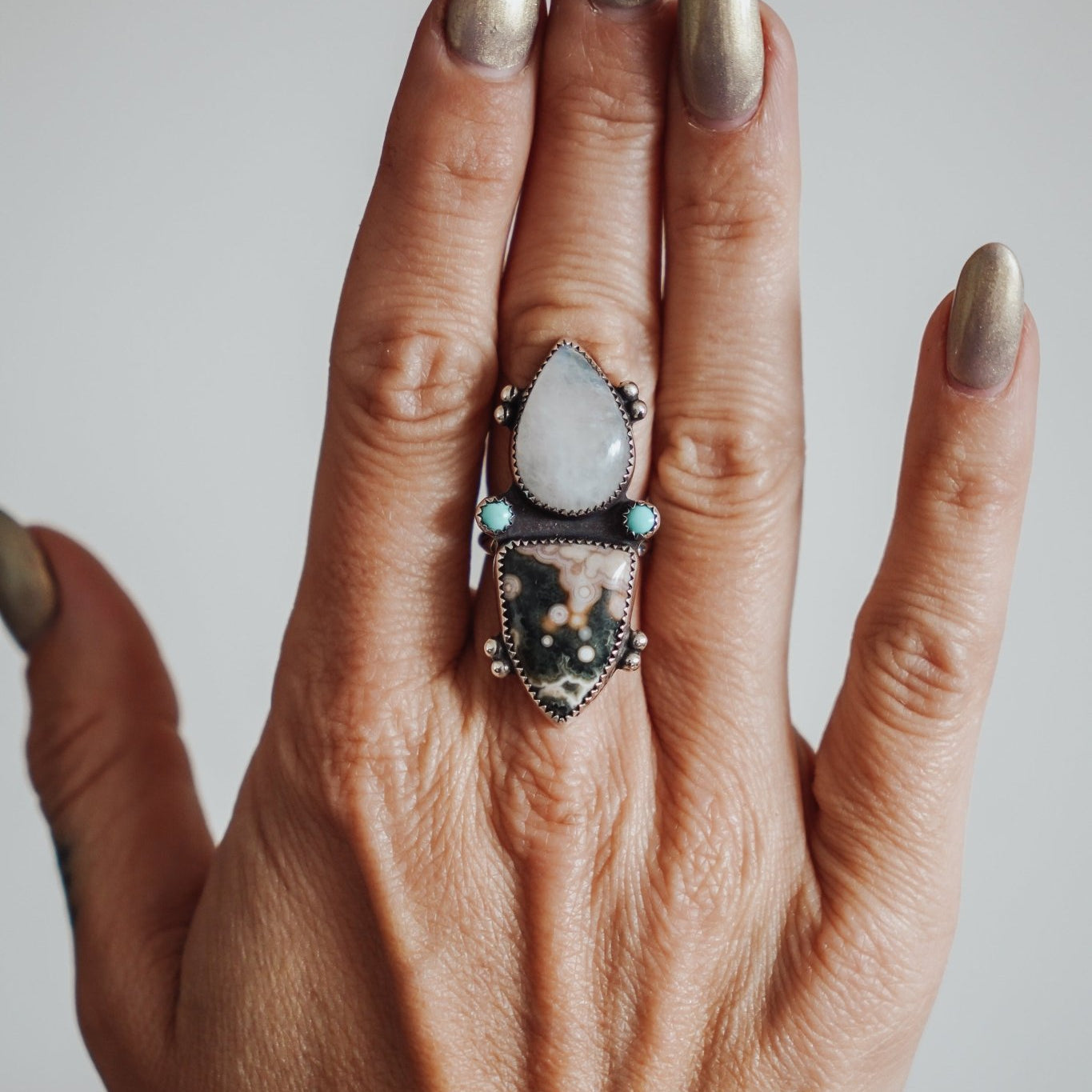 Ocean Jasper, Rainbow Moonstone, & Lone Mtn Turquoise Ring (Size 7) - Golden Road Crafted