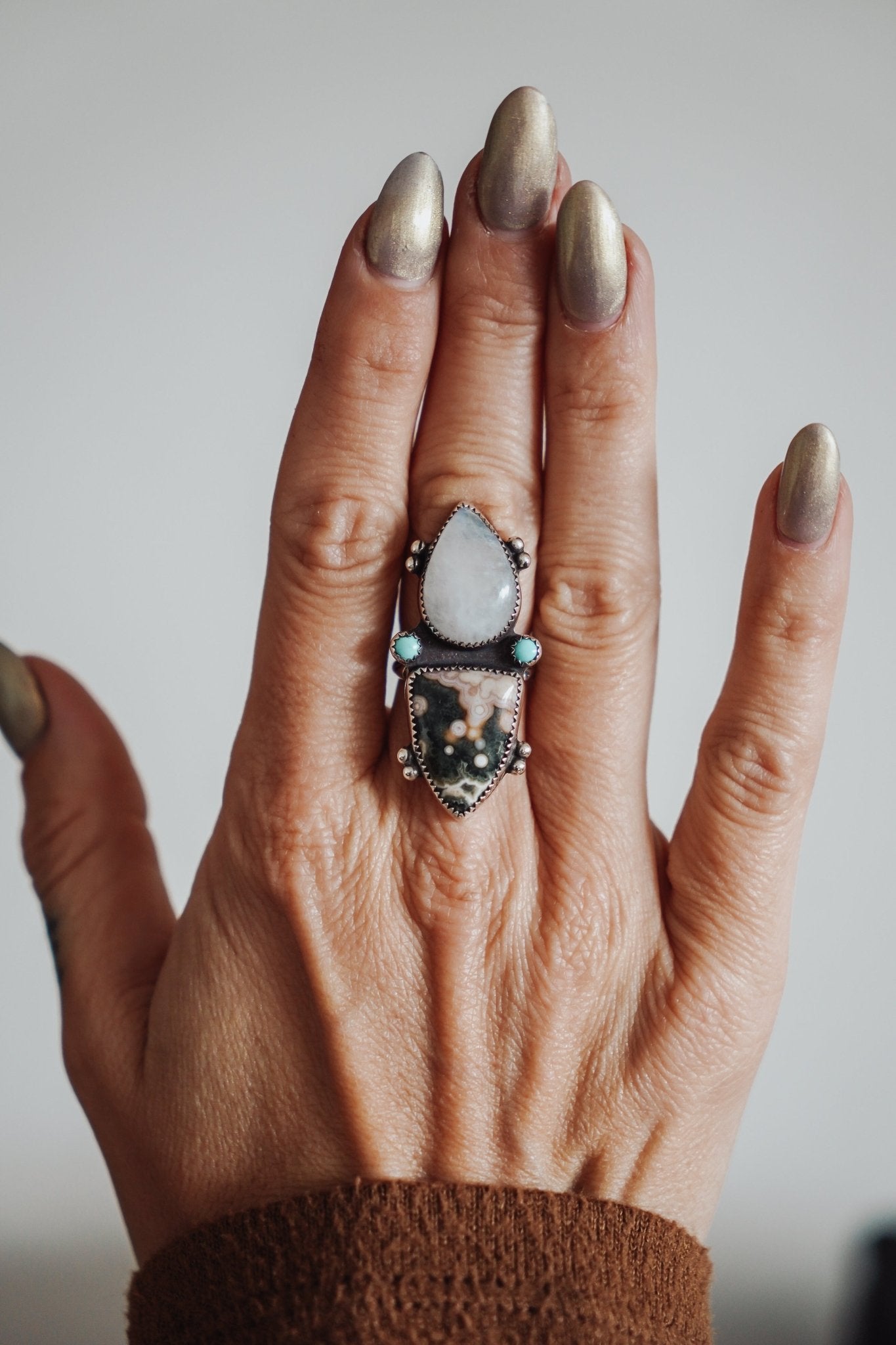 Ocean Jasper, Rainbow Moonstone, & Lone Mtn Turquoise Ring (Size 7) - Golden Road Crafted