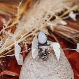 Ocean Jasper, Rainbow Moonstone, & Lone Mtn Turquoise Ring (Size 7) - Golden Road Crafted
