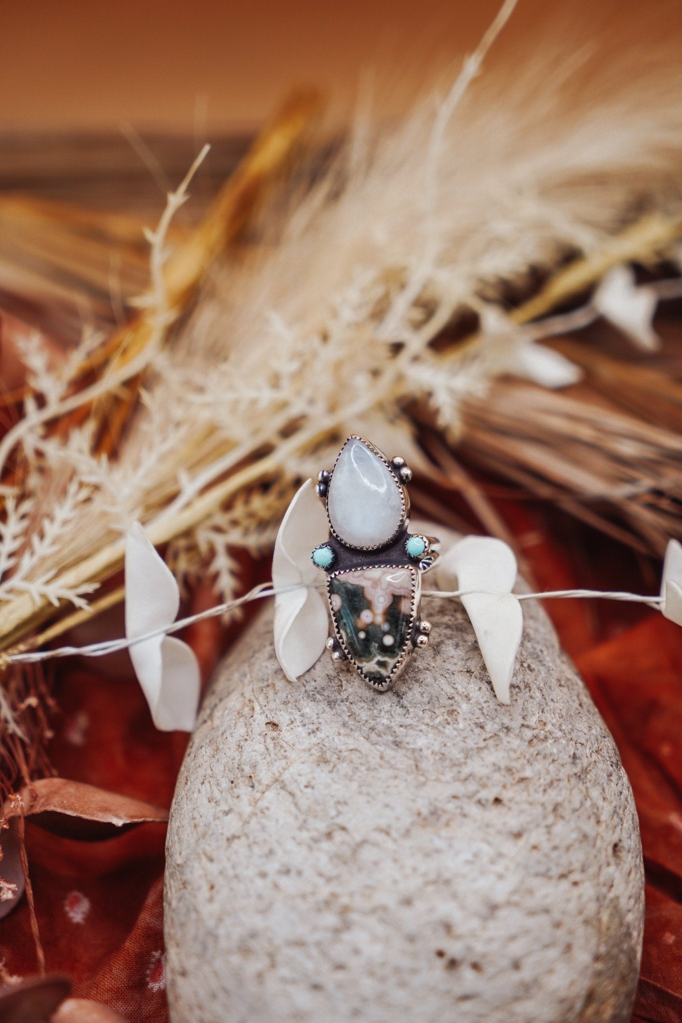 Ocean Jasper, Rainbow Moonstone, & Lone Mtn Turquoise Ring (Size 7) - Golden Road Crafted