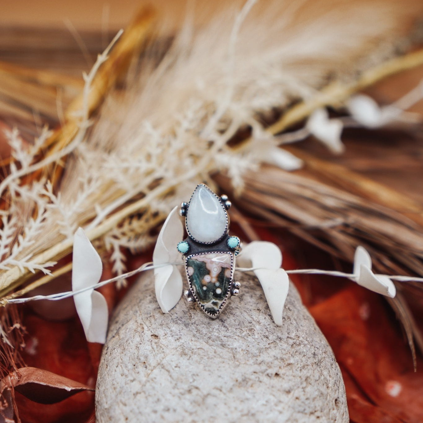 Ocean Jasper, Rainbow Moonstone, & Lone Mtn Turquoise Ring (Size 7) - Golden Road Crafted
