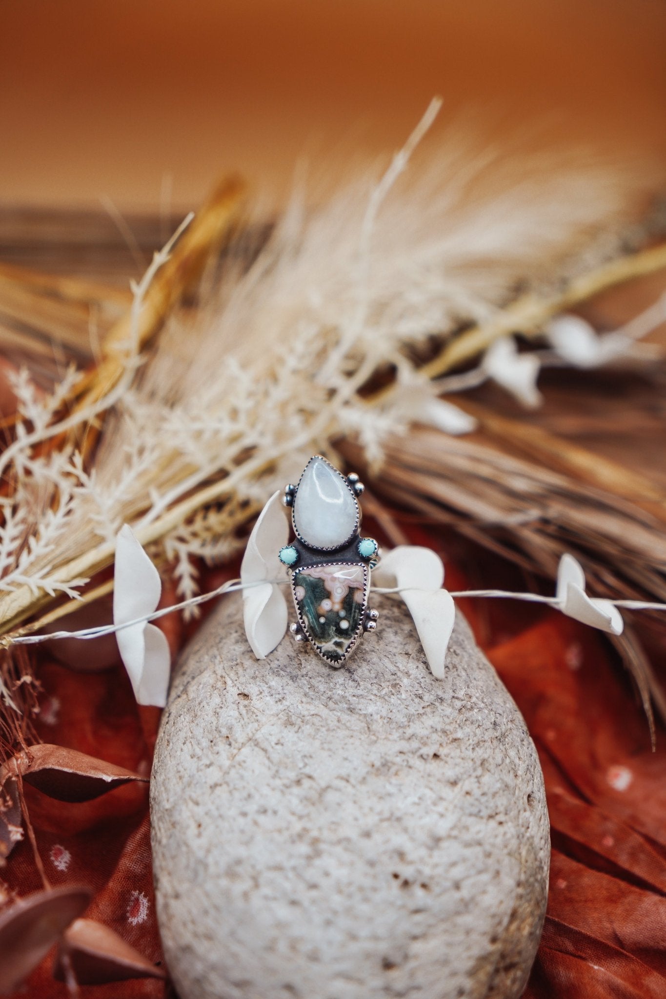 Ocean Jasper, Rainbow Moonstone, & Lone Mtn Turquoise Ring (Size 7) - Golden Road Crafted