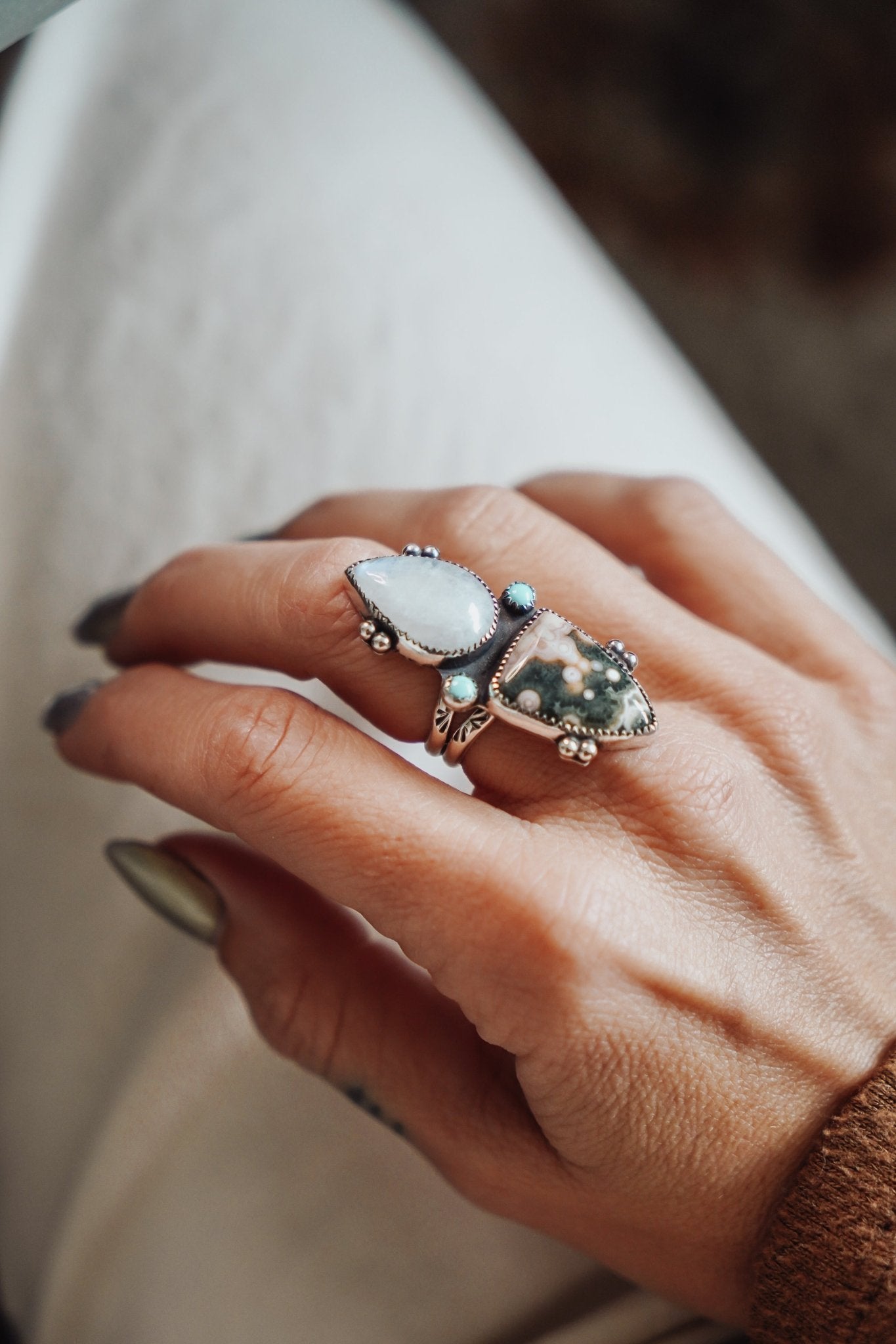 Ocean Jasper, Rainbow Moonstone, & Lone Mtn Turquoise Ring (Size 7) - Golden Road Crafted