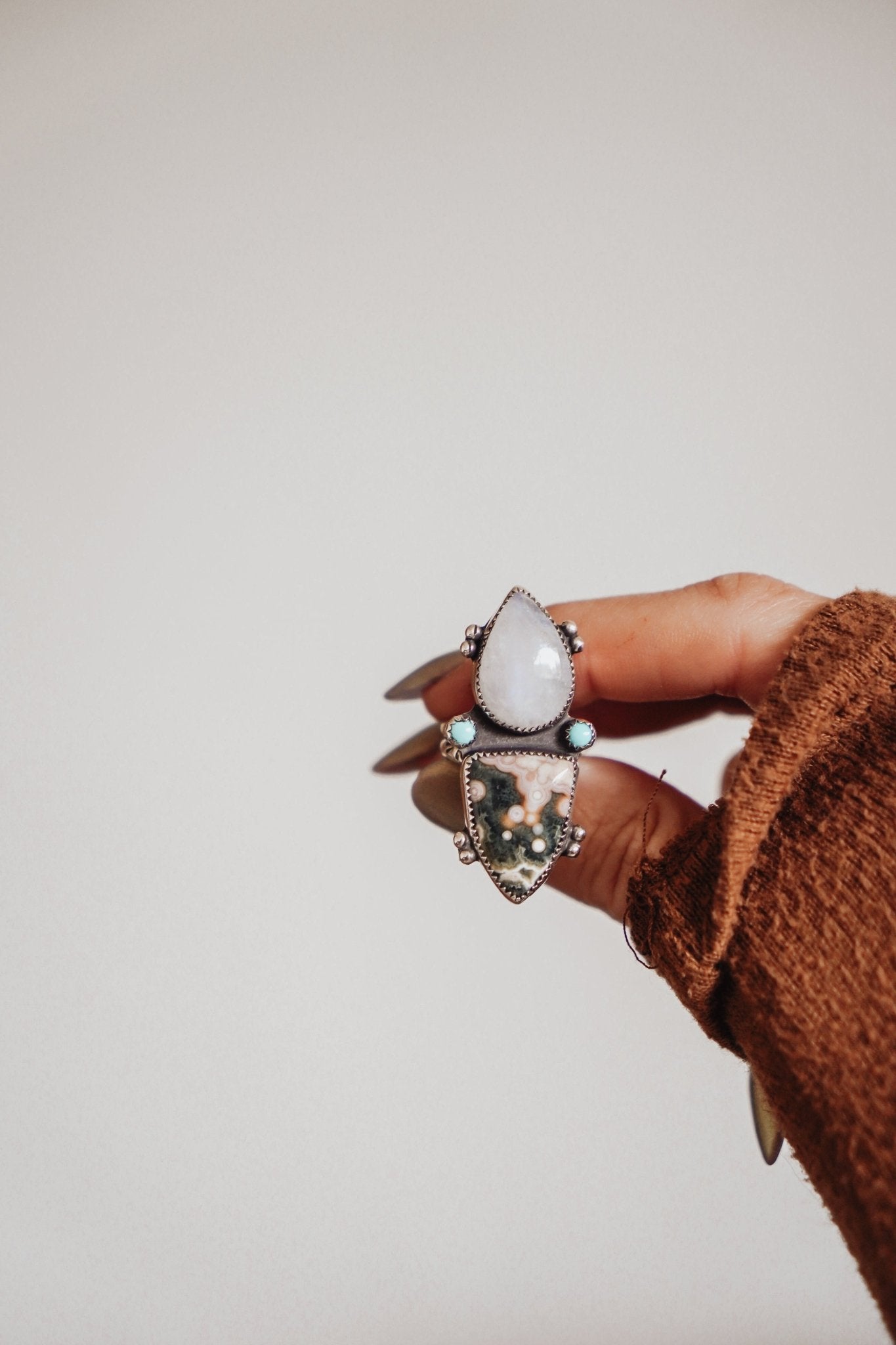 Ocean Jasper, Rainbow Moonstone, & Lone Mtn Turquoise Ring (Size 7) - Golden Road Crafted
