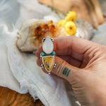 Ocean Jasper, Rainbow Moonstone, & Lone Mtn Turquoise Ring (Size 8) - Golden Road Crafted