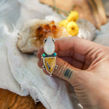 Ocean Jasper, Rainbow Moonstone, & Lone Mtn Turquoise Ring (Size 8) - Golden Road Crafted