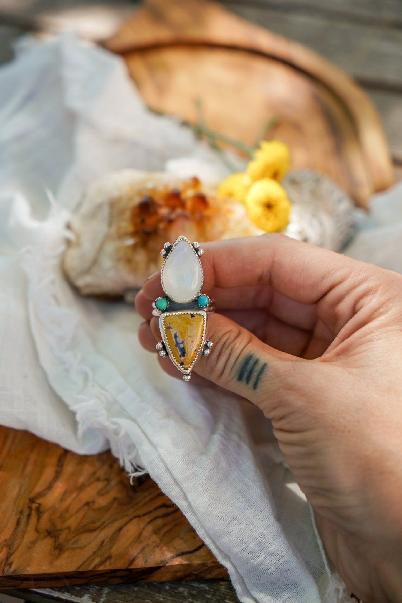 Ocean Jasper, Rainbow Moonstone, & Lone Mtn Turquoise Ring (Size 8) - Golden Road Crafted