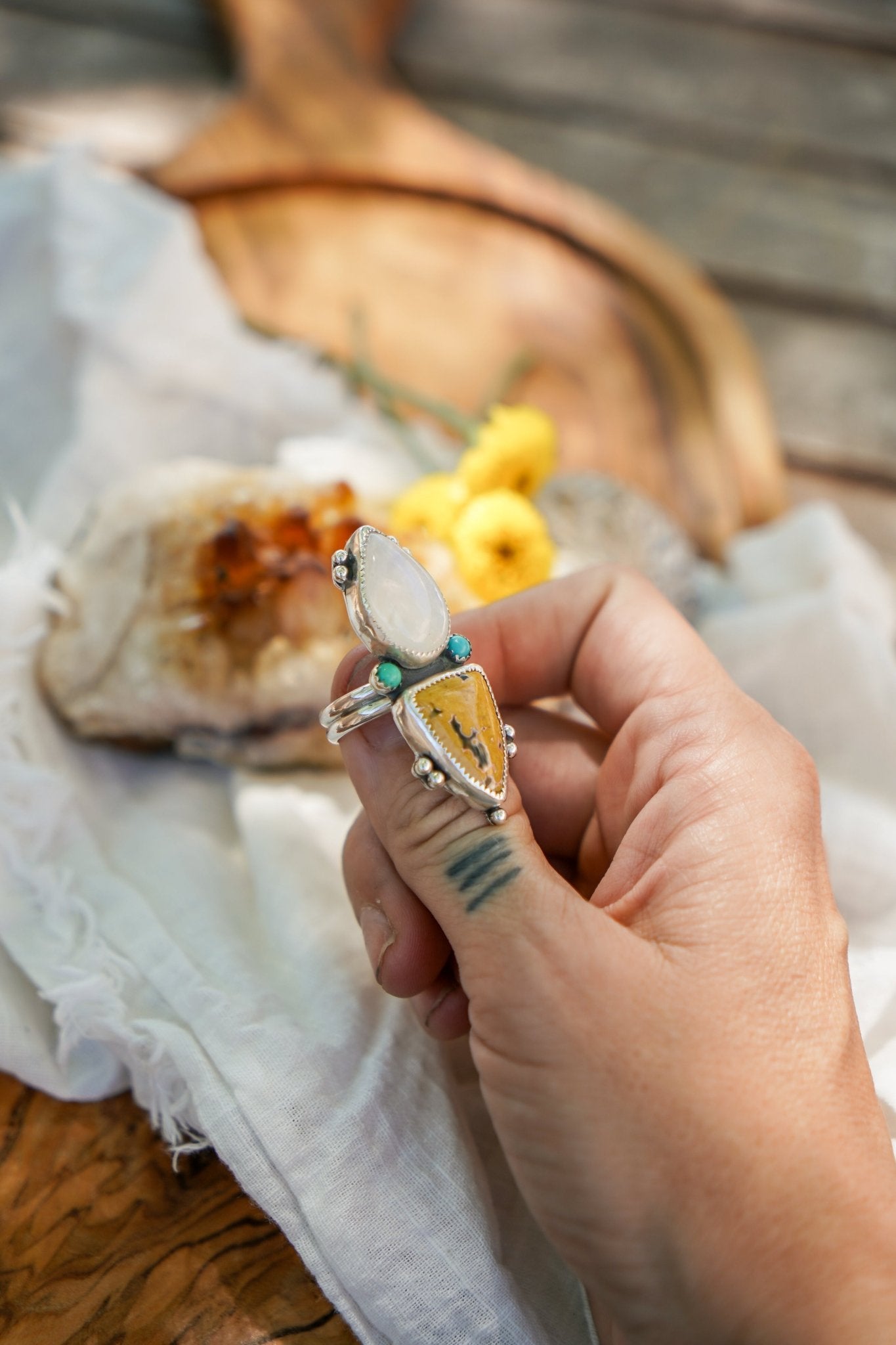 Ocean Jasper, Rainbow Moonstone, & Lone Mtn Turquoise Ring (Size 8) - Golden Road Crafted