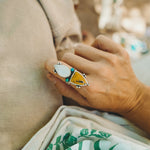 Ocean Jasper, Rainbow Moonstone, & Lone Mtn Turquoise Ring (Size 8) - Golden Road Crafted