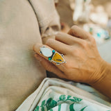 Ocean Jasper, Rainbow Moonstone, & Lone Mtn Turquoise Ring (Size 8) - Golden Road Crafted