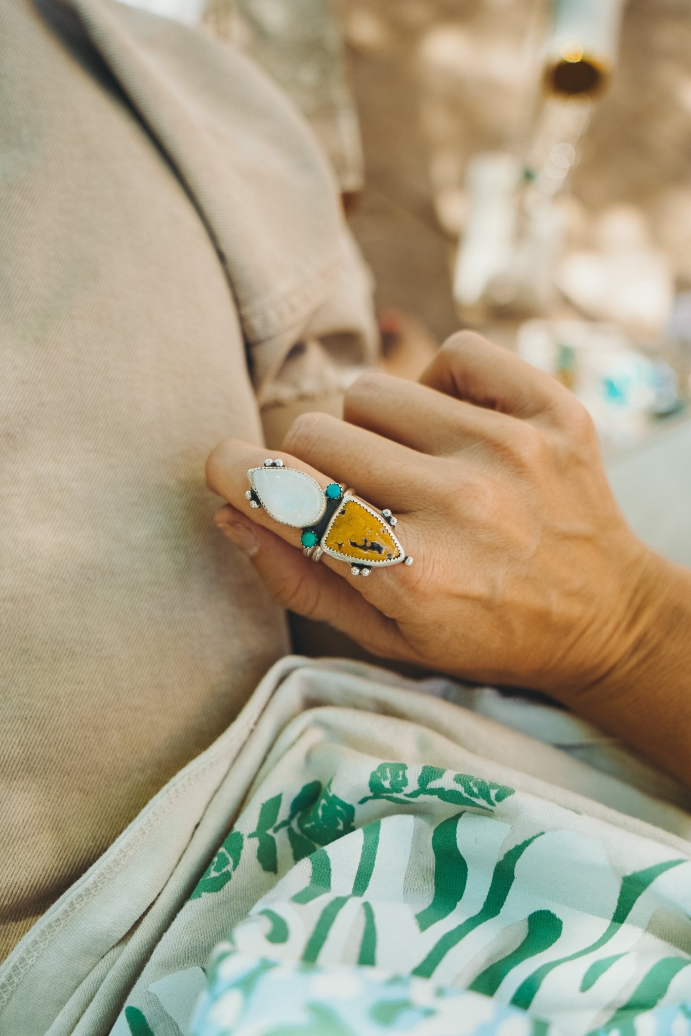 Ocean Jasper, Rainbow Moonstone, & Lone Mtn Turquoise Ring (Size 8) - Golden Road Crafted