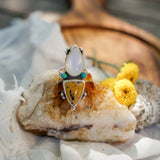 Ocean Jasper, Rainbow Moonstone, & Lone Mtn Turquoise Ring (Size 8) - Golden Road Crafted