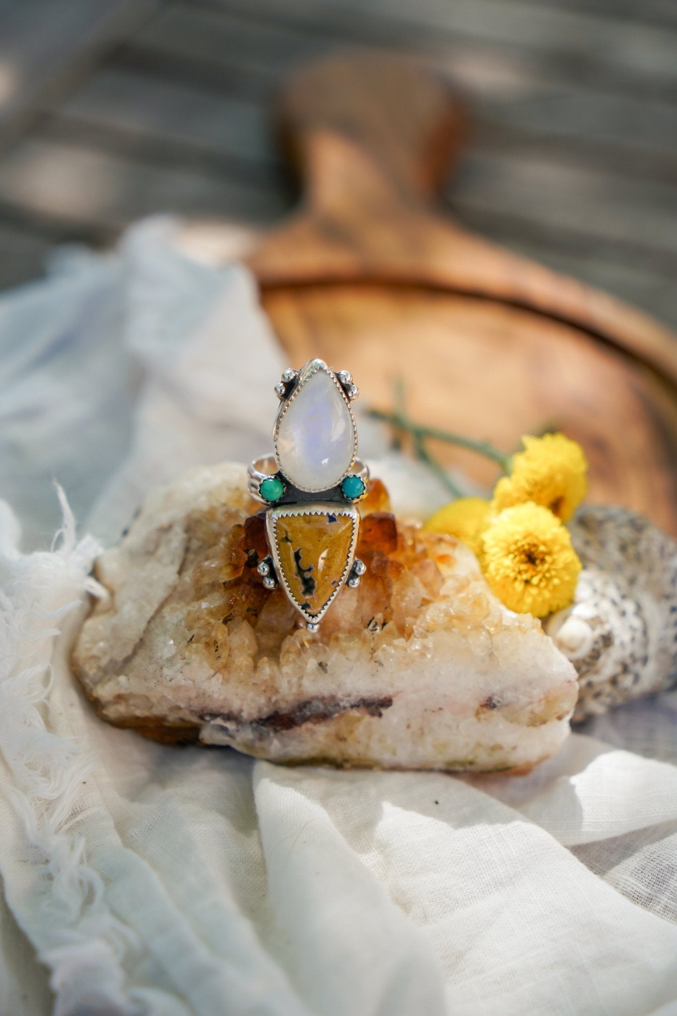Ocean Jasper, Rainbow Moonstone, & Lone Mtn Turquoise Ring (Size 8) - Golden Road Crafted