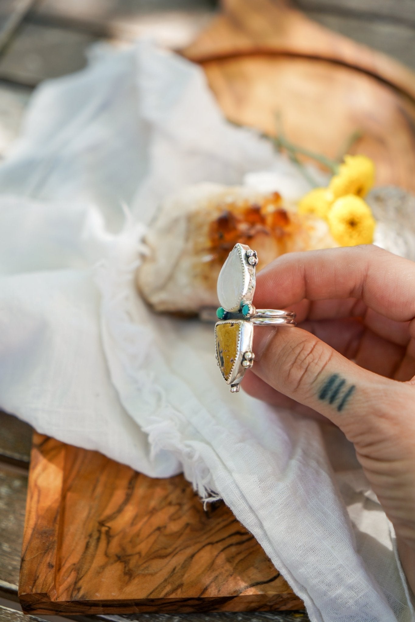 Ocean Jasper, Rainbow Moonstone, & Lone Mtn Turquoise Ring (Size 8) - Golden Road Crafted