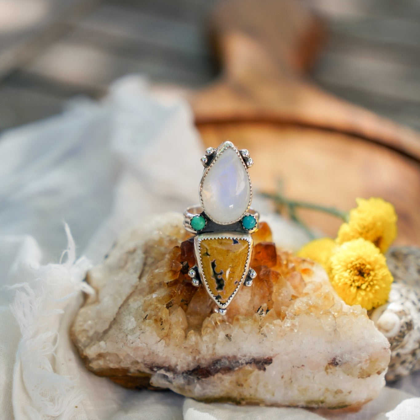 Ocean Jasper, Rainbow Moonstone, & Lone Mtn Turquoise Ring (Size 8) - Golden Road Crafted