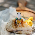 Ocean Jasper, Rainbow Moonstone, & Lone Mtn Turquoise Ring (Size 8) - Golden Road Crafted