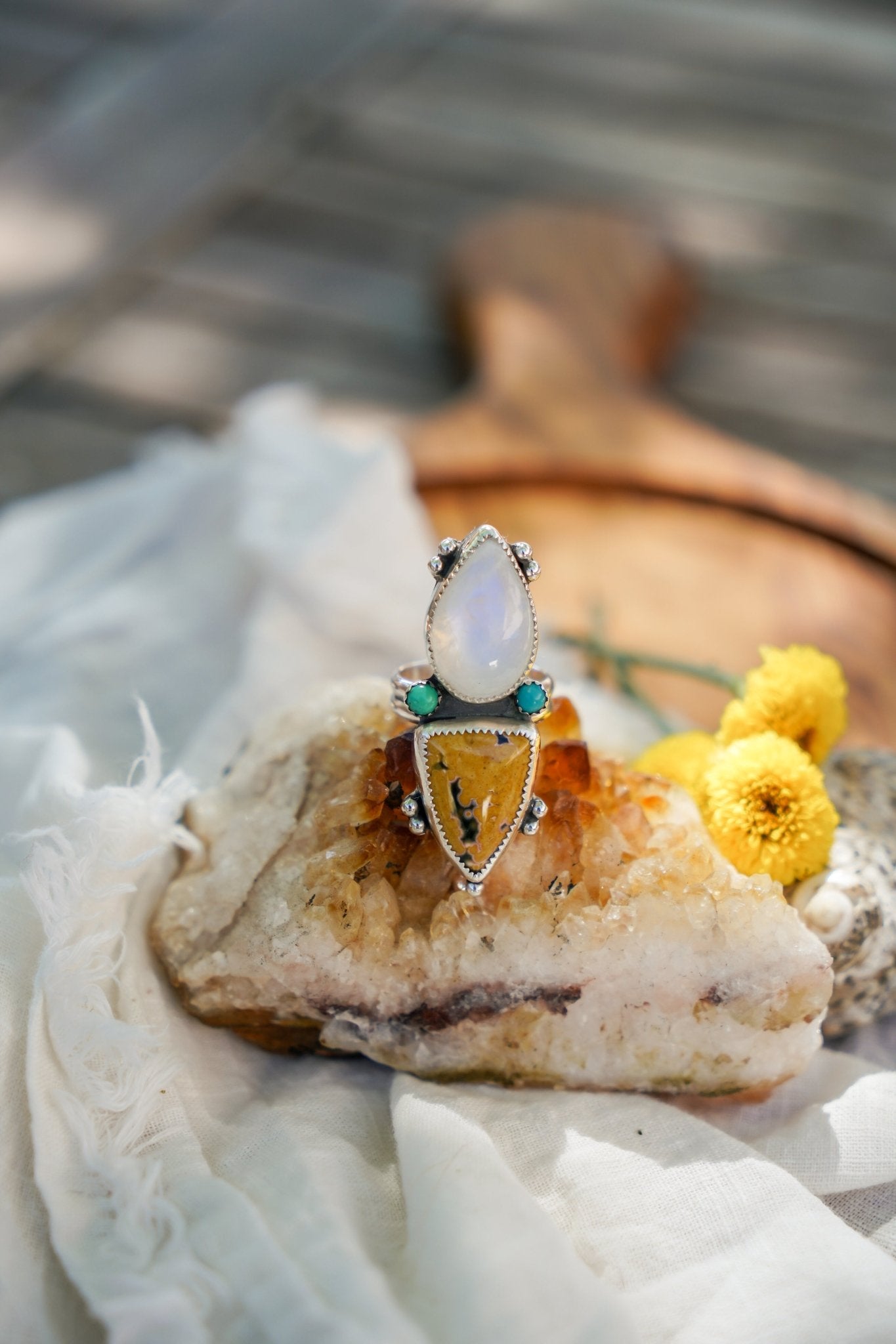 Ocean Jasper, Rainbow Moonstone, & Lone Mtn Turquoise Ring (Size 8) - Golden Road Crafted