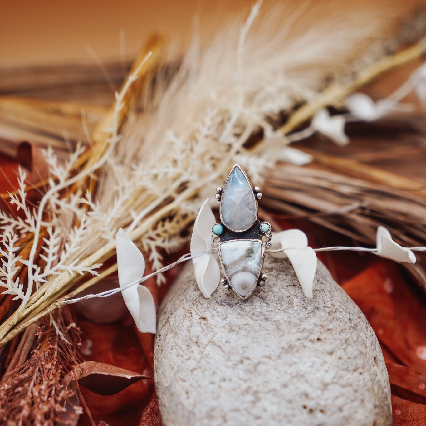 Ocean Jasper, Rainbow Moonstone, & Lone Mtn Turquoise Ring (Size 8.5) - Golden Road Crafted