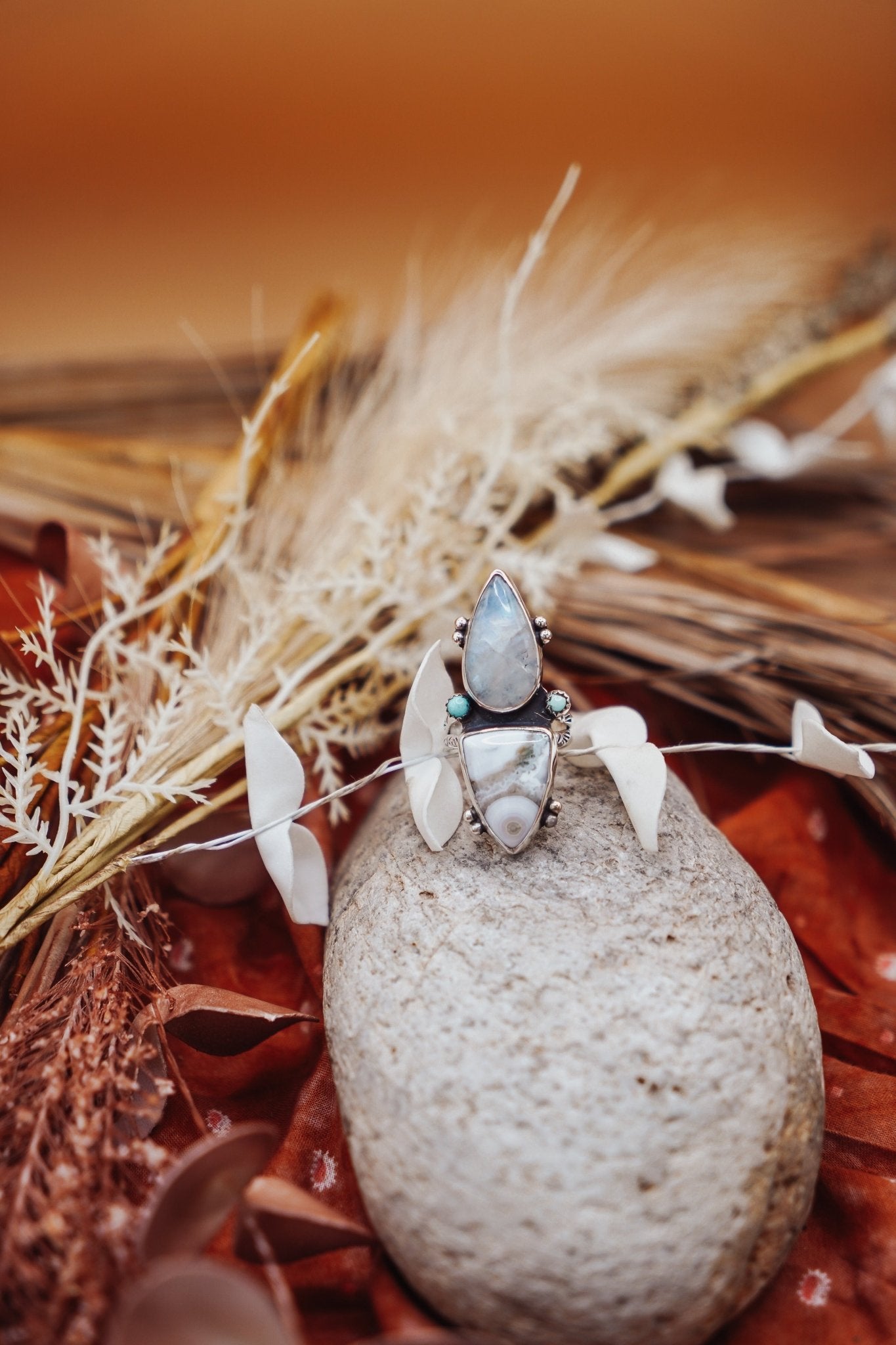 Ocean Jasper, Rainbow Moonstone, & Lone Mtn Turquoise Ring (Size 8.5) - Golden Road Crafted