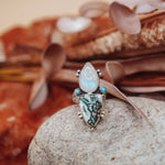 Ocean Jasper, Rainbow Moonstone, & Lone Mtn Turquoise Ring (Size 8.5) - Golden Road Crafted