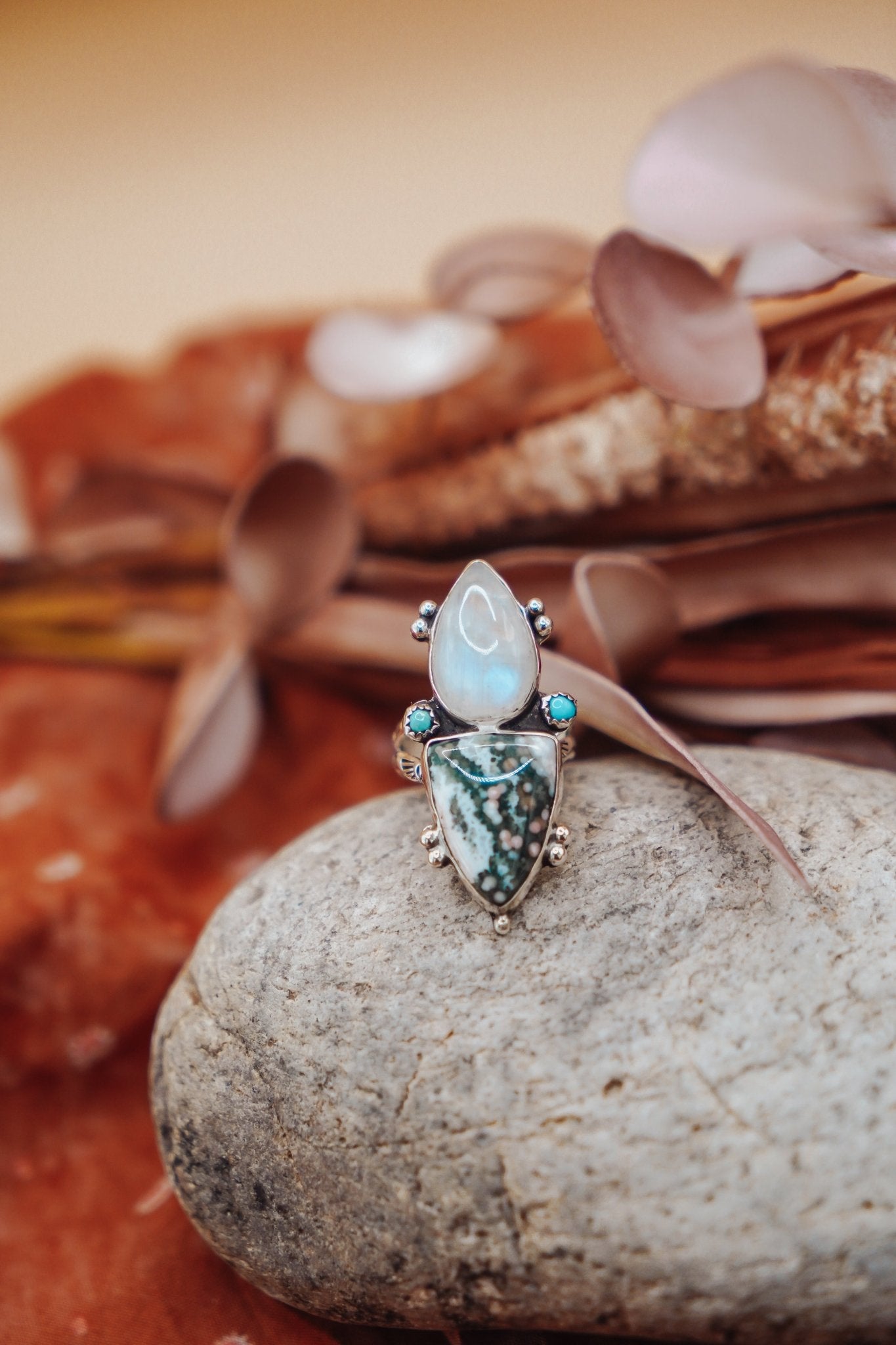 Ocean Jasper, Rainbow Moonstone, & Lone Mtn Turquoise Ring (Size 8.5) - Golden Road Crafted