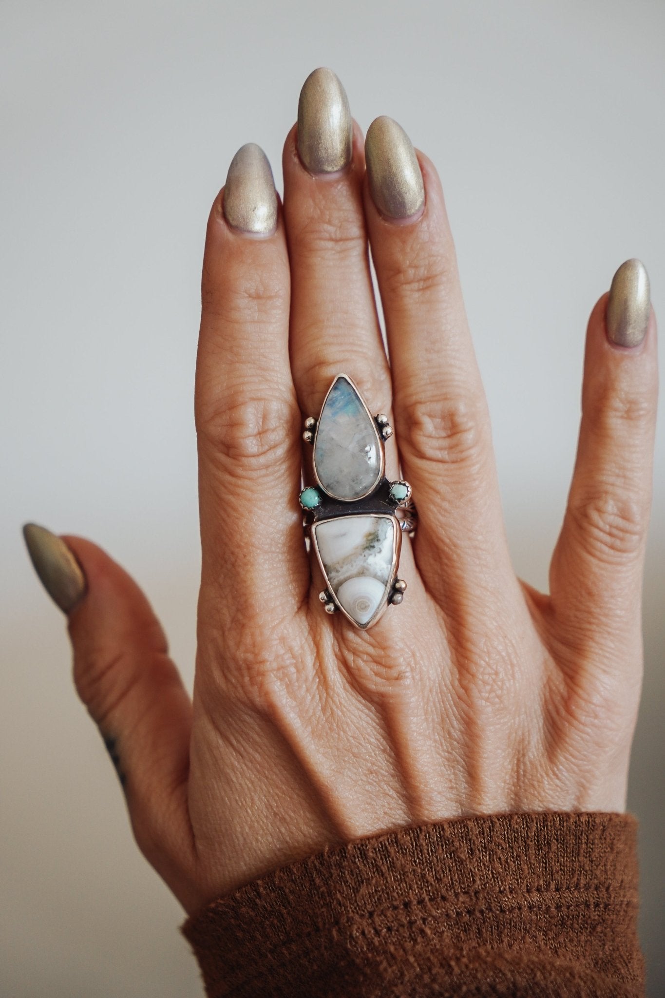 Ocean Jasper, Rainbow Moonstone, & Lone Mtn Turquoise Ring (Size 8.5) - Golden Road Crafted