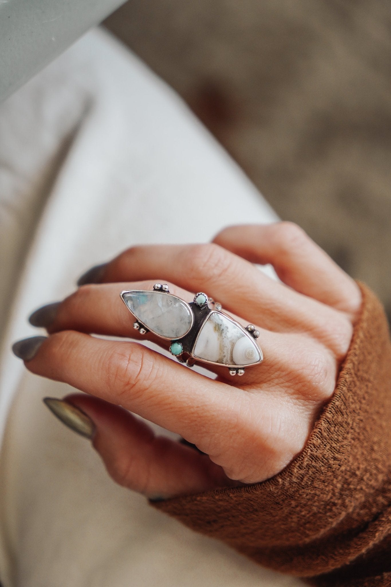Ocean Jasper, Rainbow Moonstone, & Lone Mtn Turquoise Ring (Size 8.5) - Golden Road Crafted