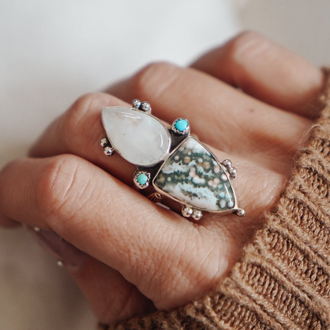 Ocean Jasper, Rainbow Moonstone, & Lone Mtn Turquoise Ring (Size 8.5) - Golden Road Crafted
