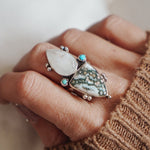 Ocean Jasper, Rainbow Moonstone, & Lone Mtn Turquoise Ring (Size 8.5) - Golden Road Crafted