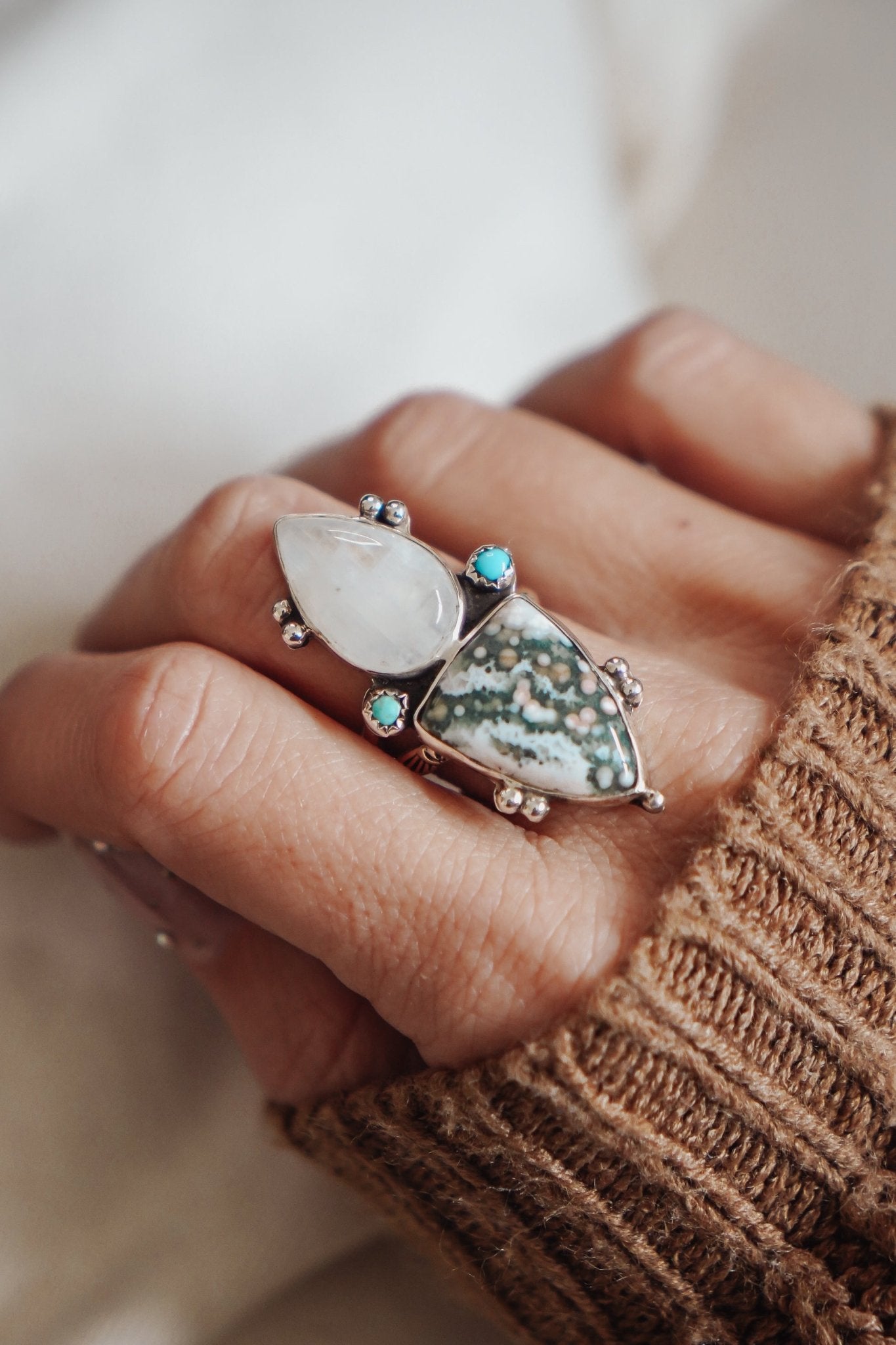 Ocean Jasper, Rainbow Moonstone, & Lone Mtn Turquoise Ring (Size 8.5) - Golden Road Crafted