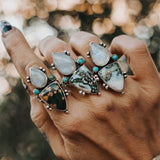 Ocean Jasper, Rainbow Moonstone, & Lone Mtn Turquoise Ring (Size 8.5) - Golden Road Crafted