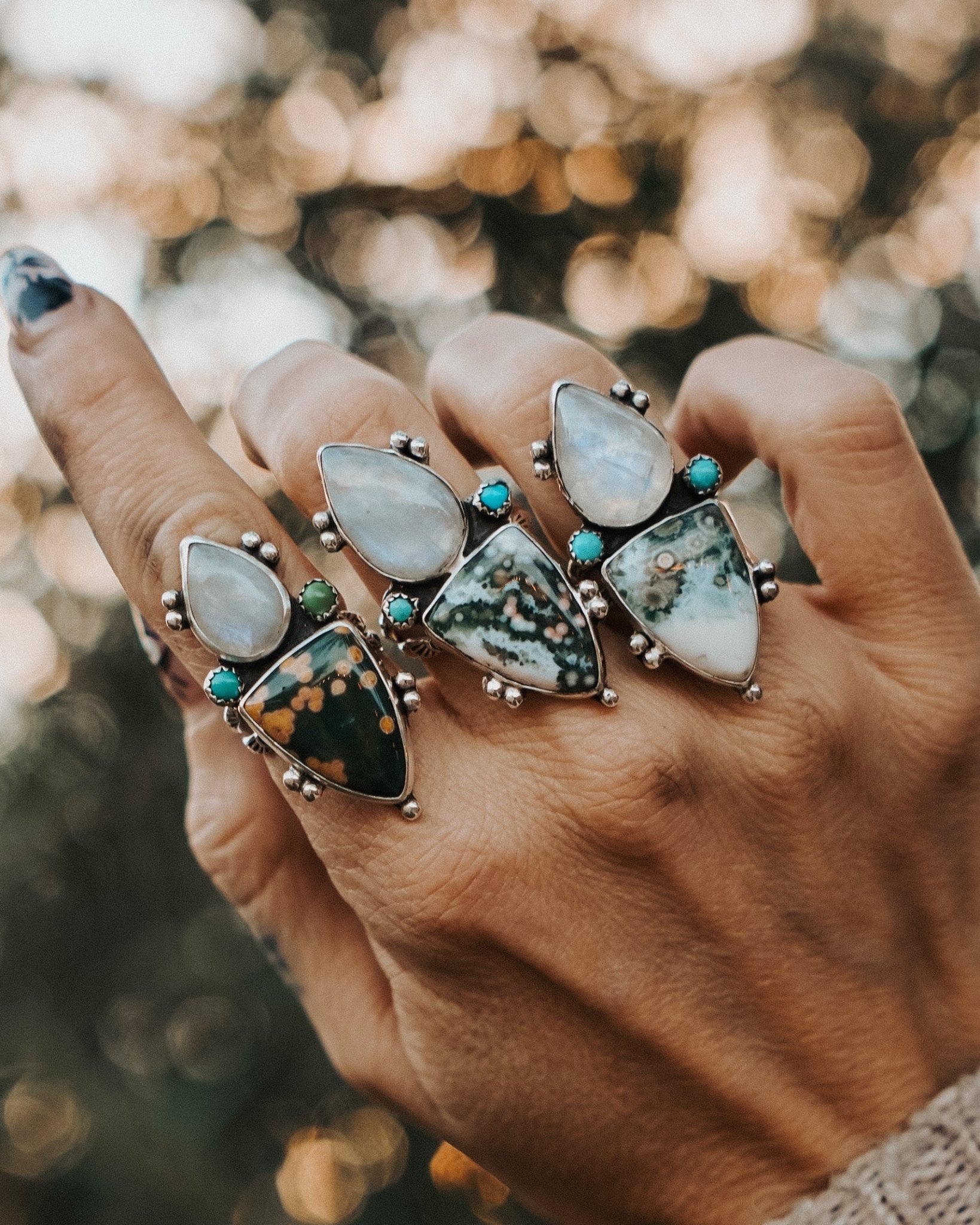 Ocean Jasper, Rainbow Moonstone, & Lone Mtn Turquoise Ring (Size 8.5) - Golden Road Crafted