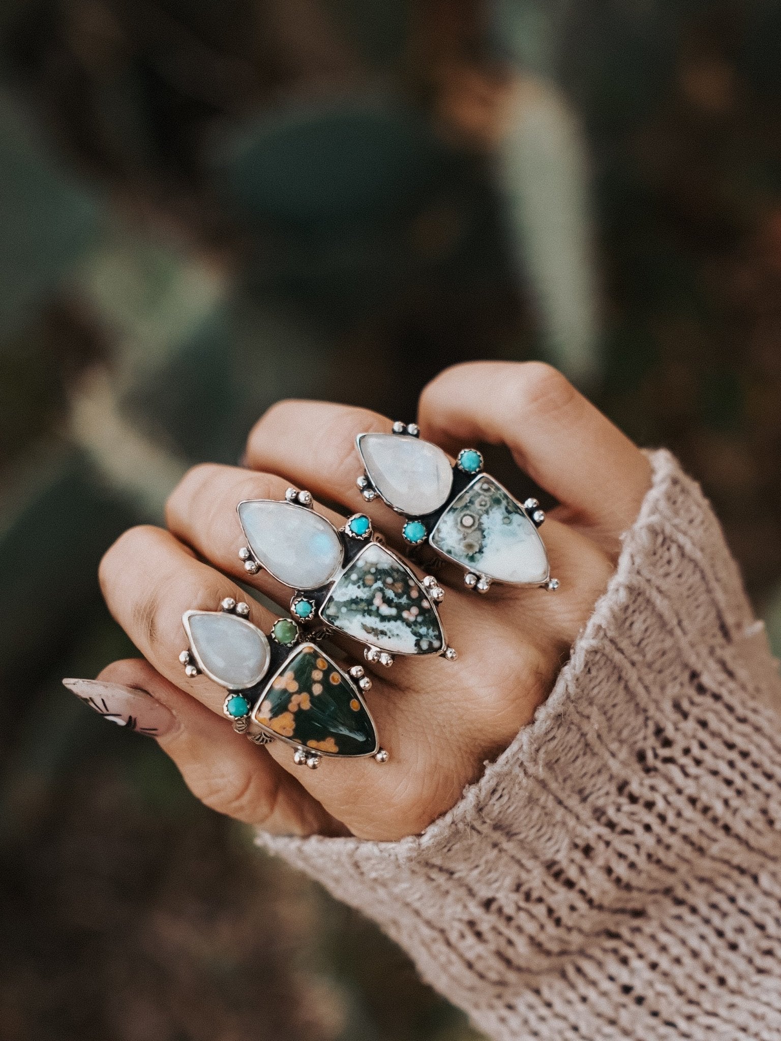 Ocean Jasper, Rainbow Moonstone, & Lone Mtn Turquoise Ring (Size 8.5) - Golden Road Crafted