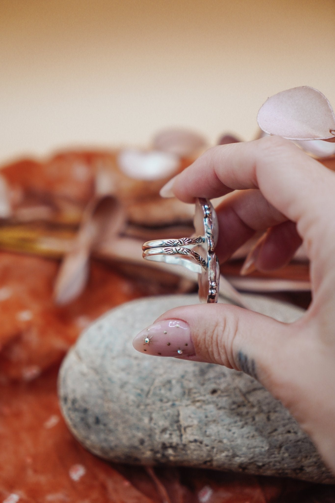 Ocean Jasper, Rainbow Moonstone, & Lone Mtn Turquoise Ring (Size 8.5) - Golden Road Crafted