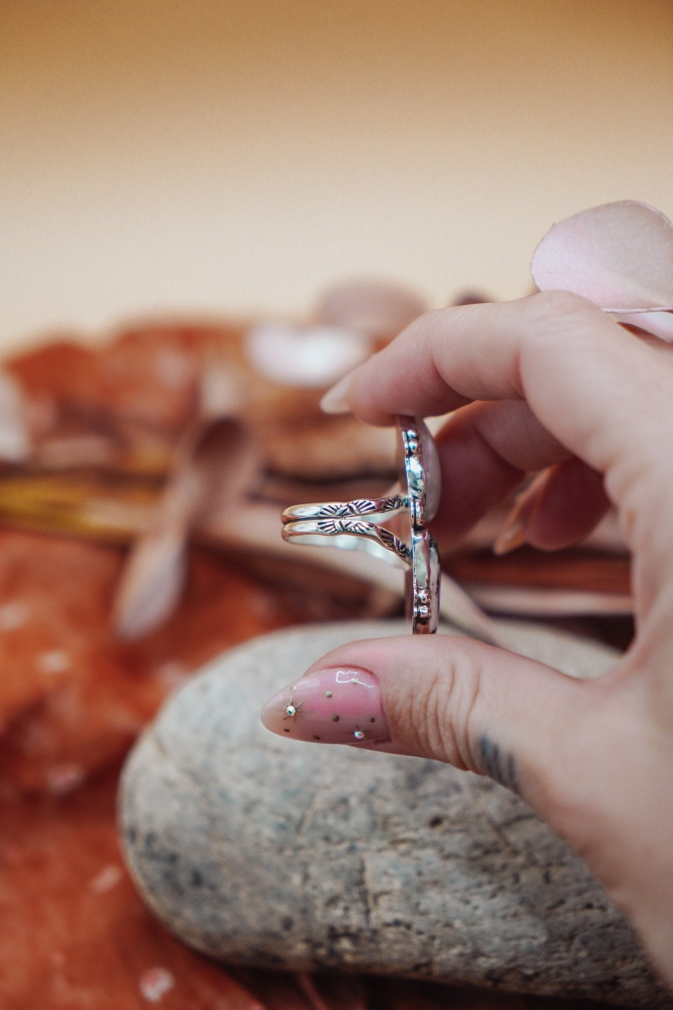 Ocean Jasper, Rainbow Moonstone, & Lone Mtn Turquoise Ring (Size 8.5) - Golden Road Crafted
