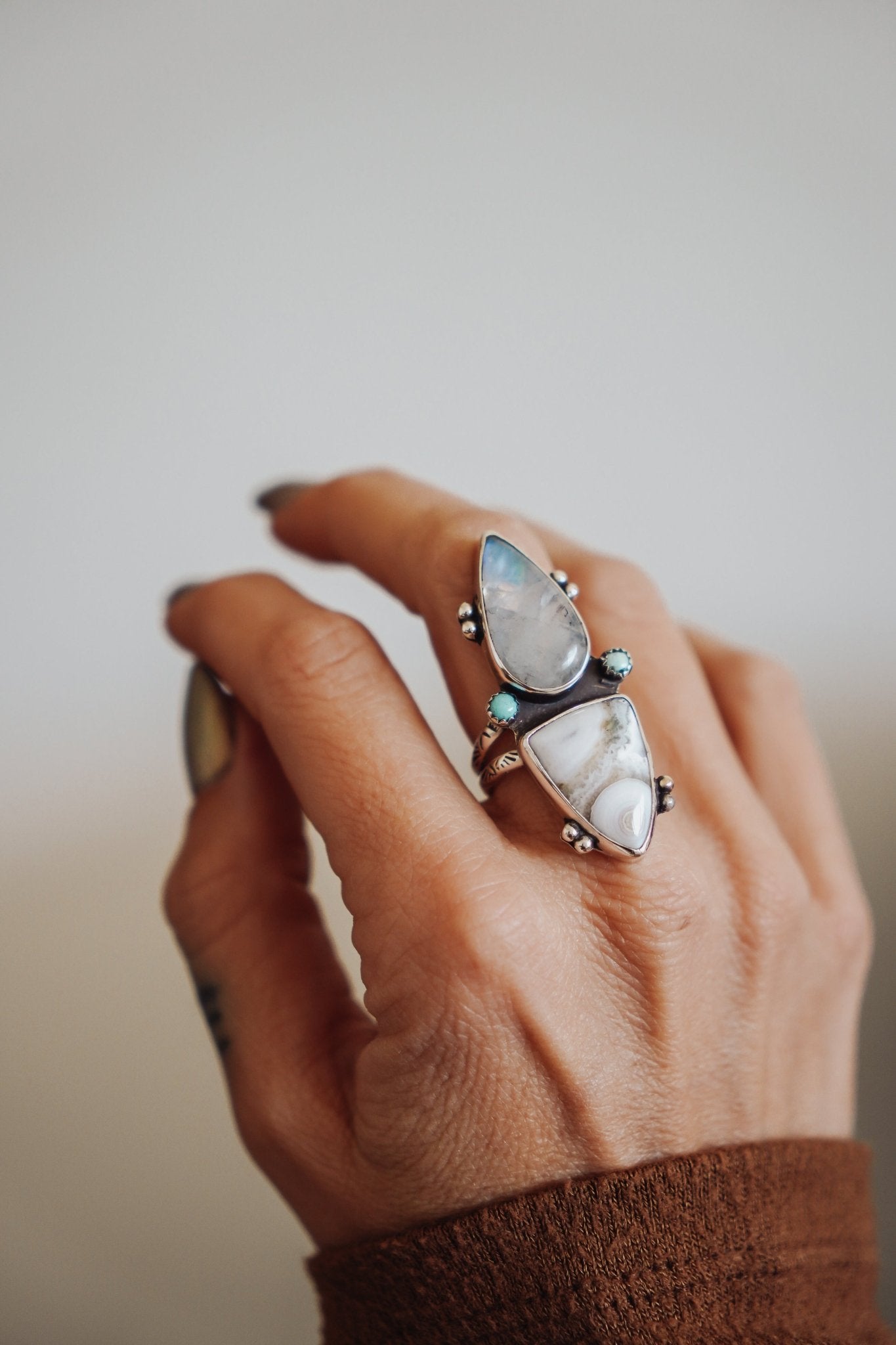 Ocean Jasper, Rainbow Moonstone, & Lone Mtn Turquoise Ring (Size 8.5) - Golden Road Crafted