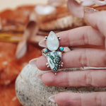 Ocean Jasper, Rainbow Moonstone, & Lone Mtn Turquoise Ring (Size 8.5) - Golden Road Crafted