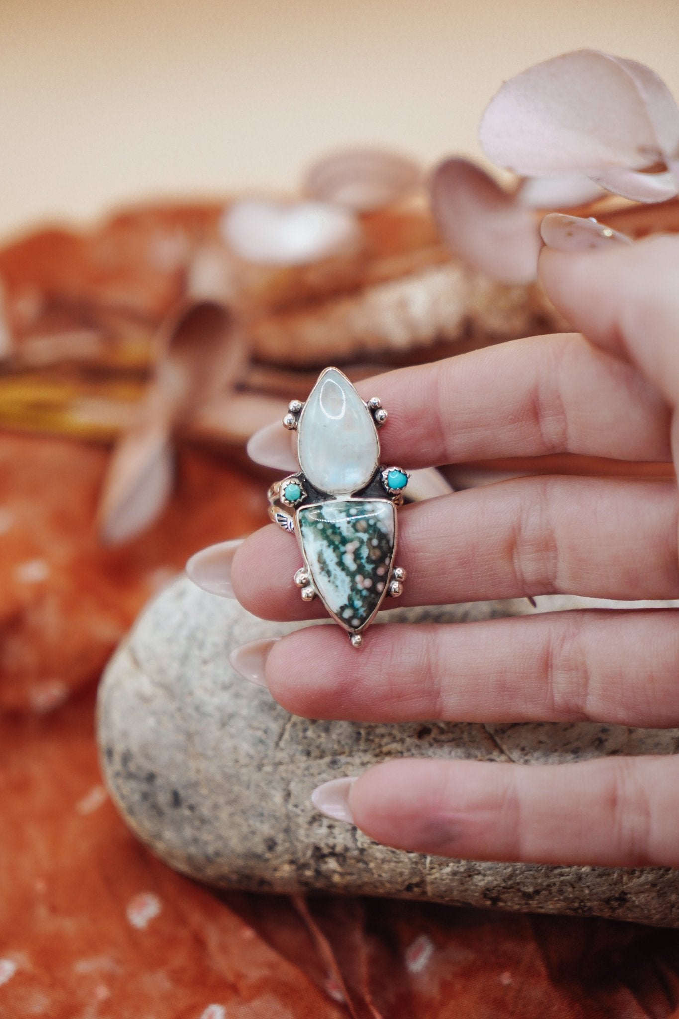 Ocean Jasper, Rainbow Moonstone, & Lone Mtn Turquoise Ring (Size 8.5) - Golden Road Crafted
