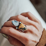 Ocean Jasper, Rainbow Moonstone, & Lone Mtn Turquoise Ring (Size 9) - Golden Road Crafted