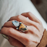 Ocean Jasper, Rainbow Moonstone, & Lone Mtn Turquoise Ring (Size 9) - Golden Road Crafted