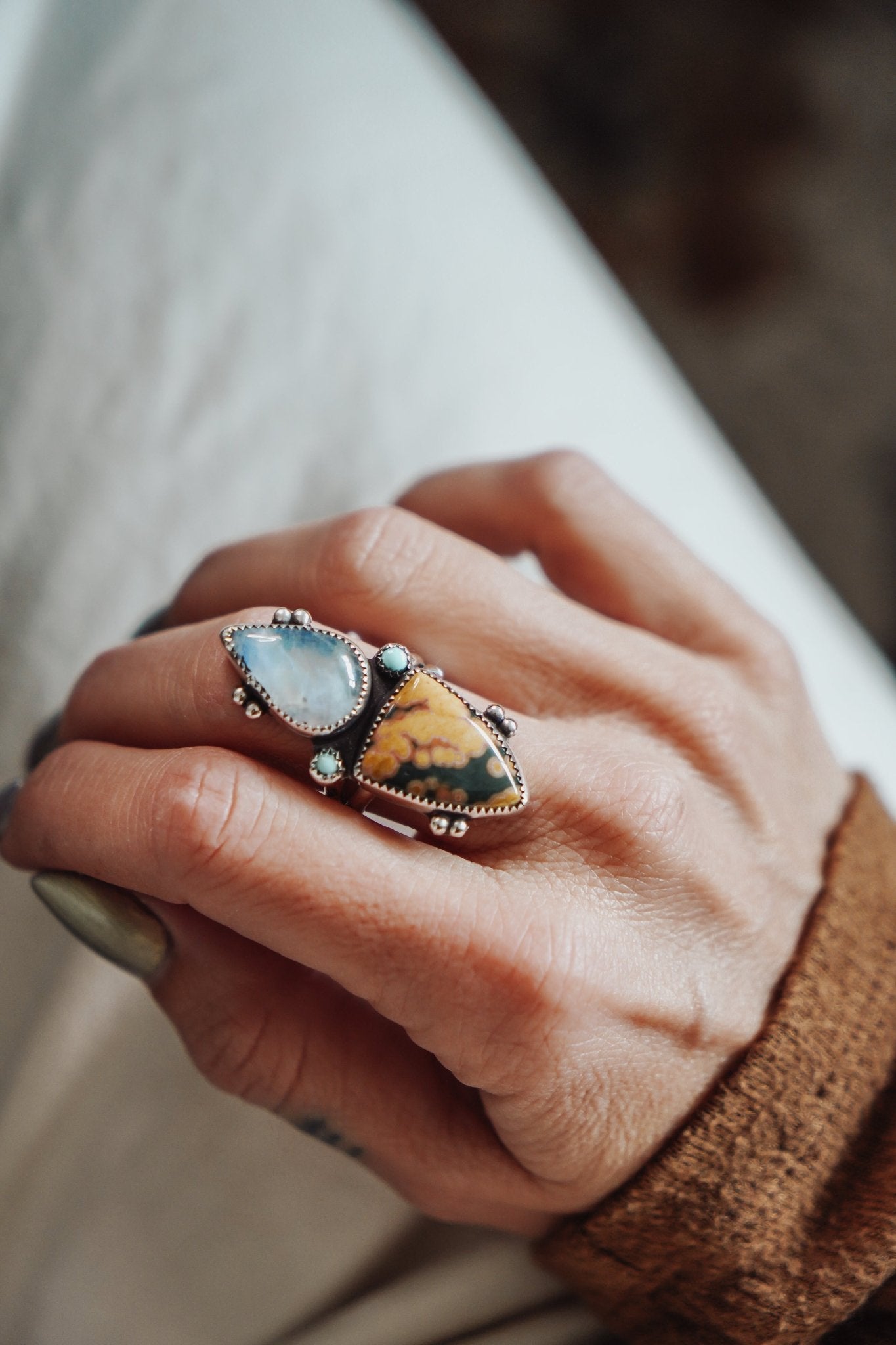 Ocean Jasper, Rainbow Moonstone, & Lone Mtn Turquoise Ring (Size 9) - Golden Road Crafted
