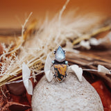 Ocean Jasper, Rainbow Moonstone, & Lone Mtn Turquoise Ring (Size 9) - Golden Road Crafted