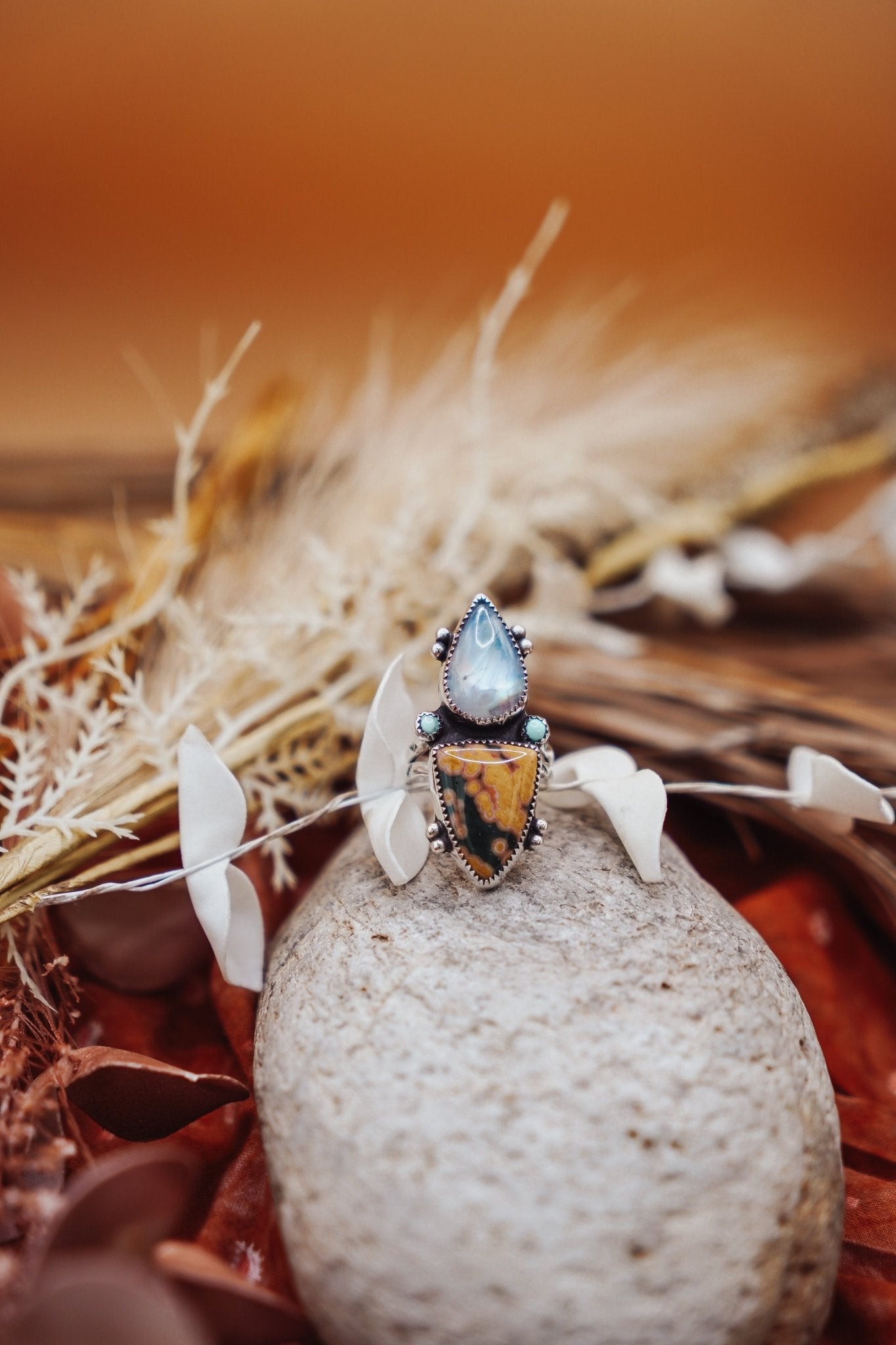 Ocean Jasper, Rainbow Moonstone, & Lone Mtn Turquoise Ring (Size 9) - Golden Road Crafted