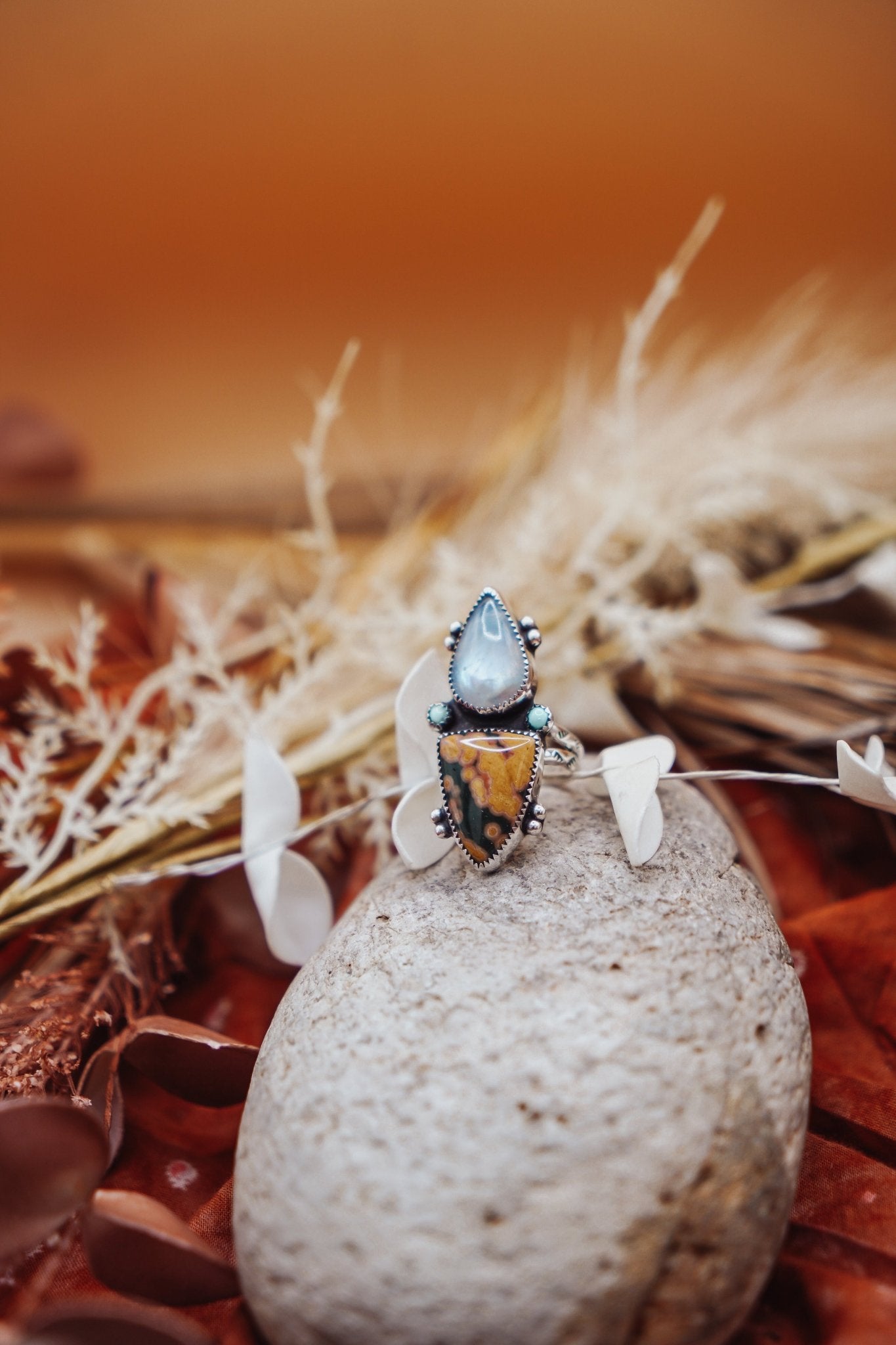 Ocean Jasper, Rainbow Moonstone, & Lone Mtn Turquoise Ring (Size 9) - Golden Road Crafted